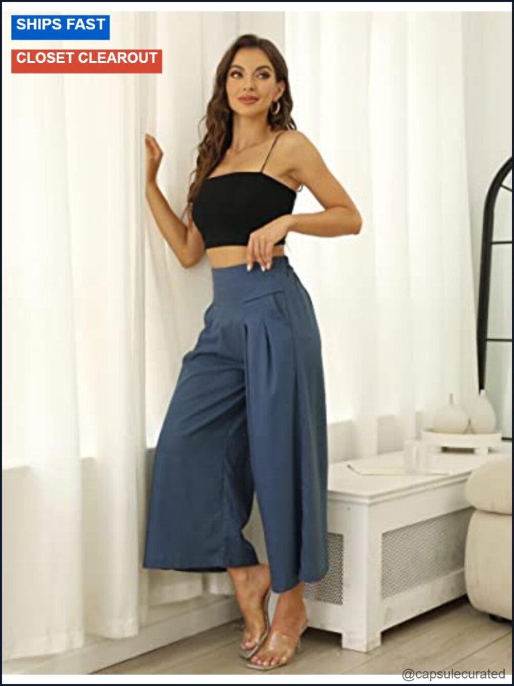 Wide Leg Cotton Linen Culottes Pants with Pockets Elastic Waist - Picture 2 of 6